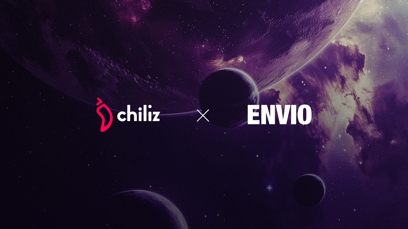 Chiliz x Envio partnership banner with both logos over a purple space background